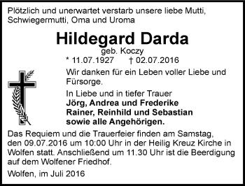 Traueranzeige von Hildegard Darda von Mitteldeutsche Zeitung Bitterfeld