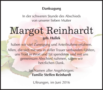 Traueranzeige von Margot Reinhardt von Mitteldeutsche Zeitung Sangerhausen