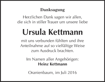 Traueranzeige von Ursula Kettmann von WVG - Wochenspiegel Wittenberg