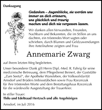 Traueranzeige von Annemarie Zwarg von Mitteldeutsche Zeitung Mansfelder Land