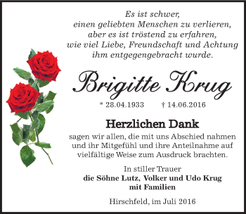 Traueranzeige von Brigitte Krug von Mitteldeutsche Zeitung Zeitz