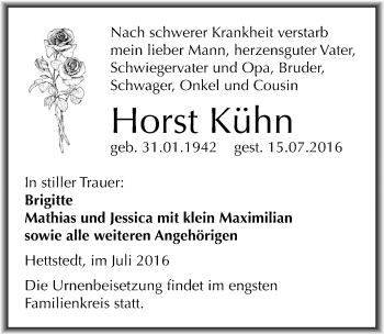 Traueranzeige von Horst Kühn von Mitteldeutsche Zeitung Mansfelder Land