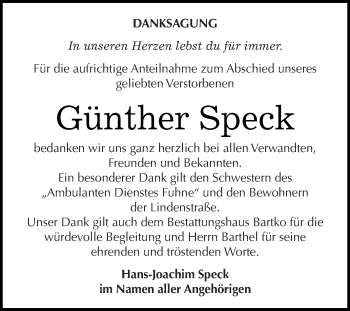 Traueranzeige von Günther Speck von WVG - Wochenspiegel Dessau / Köthen