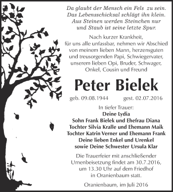 Traueranzeige von Peter Bielek von Super Sonntag Wittenberg