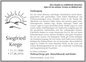 Traueranzeige von Siegfried Krege von Super Sonntag SGH Mansf. Land