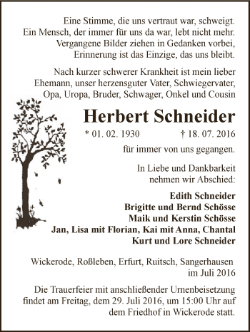 Traueranzeige von Herbert Schneider von Super Sonntag SGH Mansf. Land