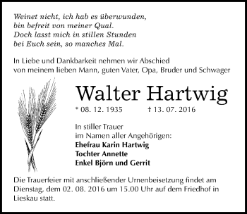 Traueranzeige von Walter Hartwig von Mitteldeutsche Zeitung Halle/Saalkreis