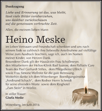 Traueranzeige von Heino Meske von Mitteldeutsche Zeitung Wittenberg