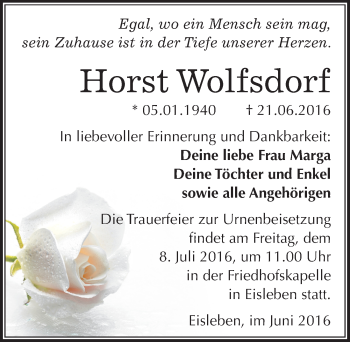 Traueranzeige von Horst Wolfsdorf von Mitteldeutsche Zeitung Mansfelder Land
