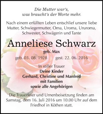 Traueranzeige von Anneliese Schwarz von WVG - Wochenspiegel Dessau / Köthen