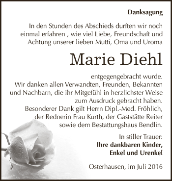 Traueranzeige von Marie Diehl von Wochenspiegel Mansfelder Land