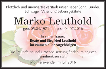 Traueranzeige von Marko Leuthold von Mitteldeutsche Zeitung Mansfelder Land