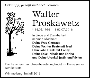Traueranzeige von Walter Proskawetz von Mitteldeutsche Zeitung Mansfelder Land