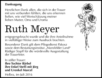 Traueranzeige von Ruth Meyer von Mitteldeutsche Zeitung Mansfelder Land