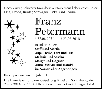Traueranzeige von Franz Petermann von Mitteldeutsche Zeitung Mansfelder Land