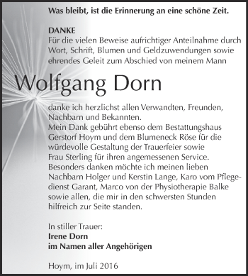 Traueranzeige von Wolfgang Dorn von Super Sonntag Aschersleben