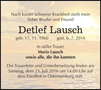 Traueranzeige von Detlef Lausch von WVG - Wochenspiegel Dessau / Köthen