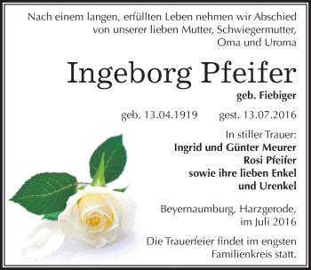 Traueranzeige von Ingeborg Pfeifer von Mitteldeutsche Zeitung Sangerhausen