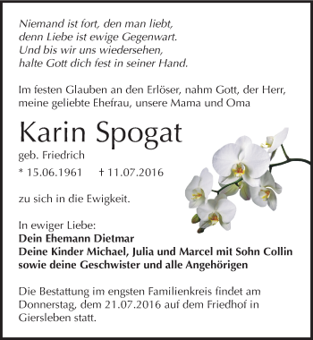 Traueranzeige von Karin Spogat von Mitteldeutsche Zeitung Aschersleben