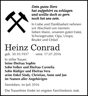 Traueranzeige von Heinz Conrad von Mitteldeutsche Zeitung Mansfelder Land