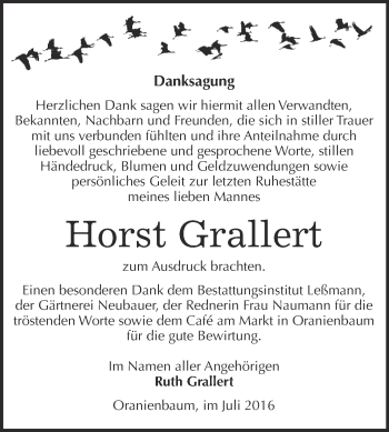 Traueranzeige von Horst Grallert von WVG - Wochenspiegel Wittenberg