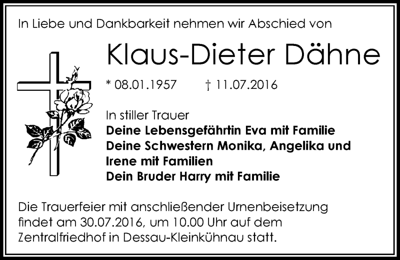 Traueranzeige für Klaus-Dieter Dähne vom 23.07.2016 aus Mitteldeutsche Zeitung Dessau-Roßlau