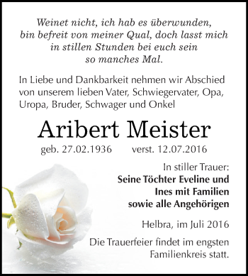 Traueranzeige von Aribert Meister von Wochenspiegel Mansfelder Land