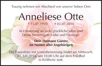 Traueranzeige von Anneliese Otte von Mitteldeutsche Zeitung Halle/Saalkreis