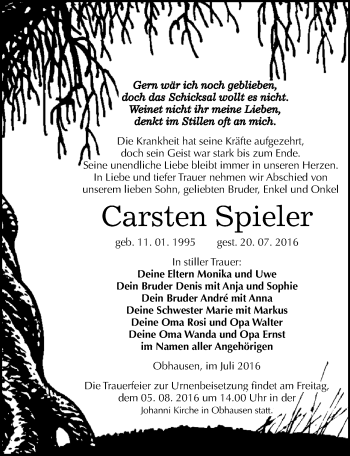 Traueranzeige von Carsten Spieler von Mitteldeutsche Zeitung Merseburg/Querfurt