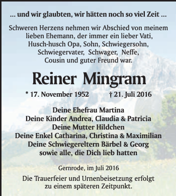 Traueranzeige von Reiner Mingram von WVG - Wochenspiegel Quedlinburg