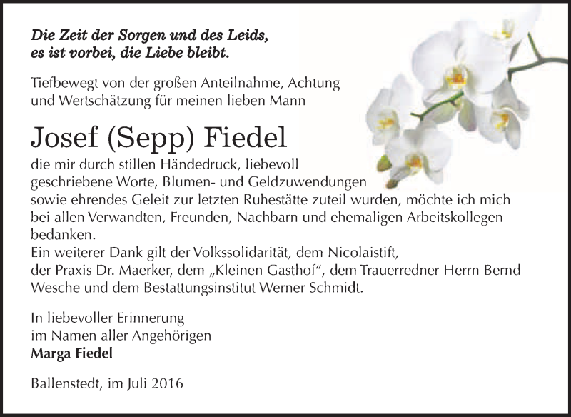  Traueranzeige für Josef Fiedel vom 30.07.2016 aus WVG - Wochenspiegel Quedlinburg