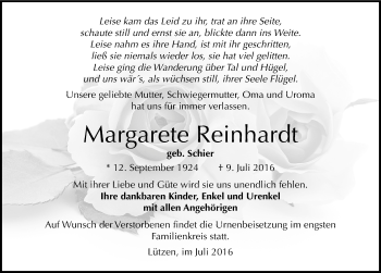 Traueranzeige von Margarete Reinhardt von Mitteldeutsche Zeitung Weißenfels