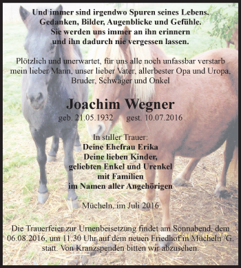 Traueranzeige von Joachim Wegner von WVG - Wochenspiegel NMB / WSF / ZTZ