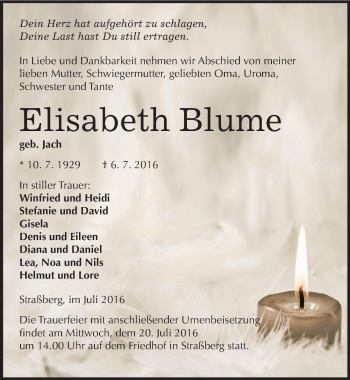 Traueranzeige von Elisabeth Blume von Mitteldeutsche Zeitung Quedlinburg