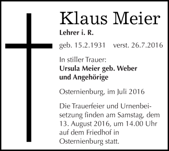 Traueranzeige von Klaus Meier von WVG - Wochenspiegel Dessau / Köthen