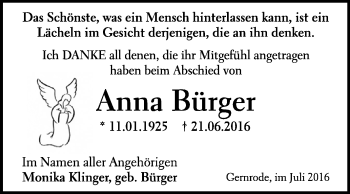 Traueranzeige von Anna Bürger von WVG - Wochenspiegel Quedlinburg