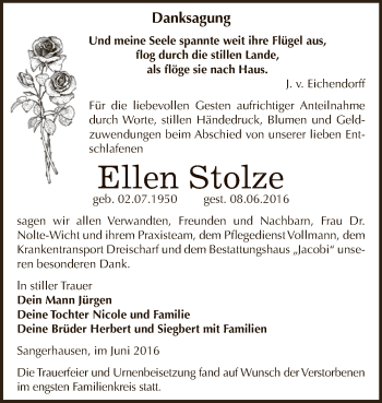 Traueranzeige von Ellen Stolze von Super Sonntag SGH Mansf. Land