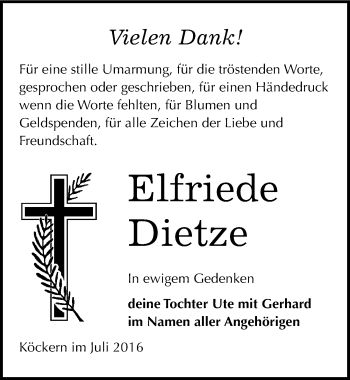 Traueranzeige von Elfriede Dietze von Mitteldeutsche Zeitung Bitterfeld