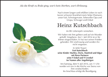 Traueranzeige von Heinz Kutschbach von Mitteldeutsche Zeitung Naumburg/Nebra
