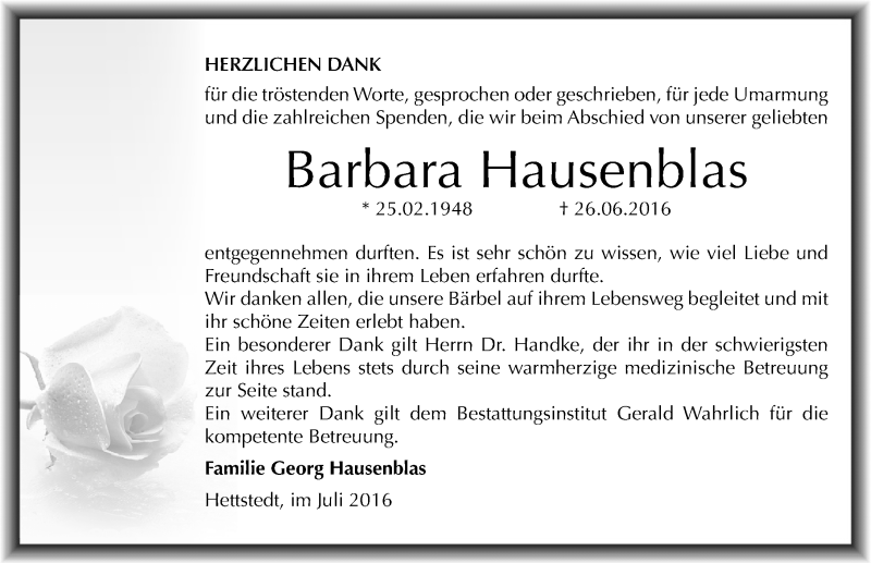  Traueranzeige für Barbara Hausenblas vom 14.07.2016 aus Mitteldeutsche Zeitung Mansfelder Land