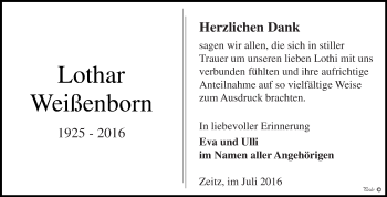 Traueranzeige von Lothar Weißenborn von Super Sonntag Zeitz