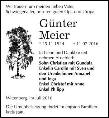Traueranzeige von Günter Meier von Mitteldeutsche Zeitung Wittenberg