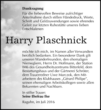 Traueranzeige von Harry Plaschnick von Mitteldeutsche Zeitung Bitterfeld