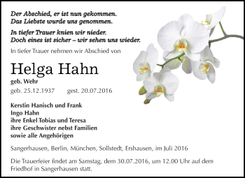 Traueranzeige von Helga Hahn von WVG - Wochenspiegel SGH