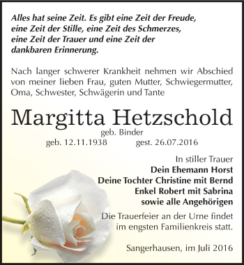 Traueranzeige von Margitta Hetzschold von Mitteldeutsche Zeitung Sangerhausen