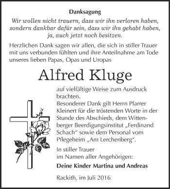 Traueranzeige von Alfred Kluge von WVG - Wochenspiegel Wittenberg