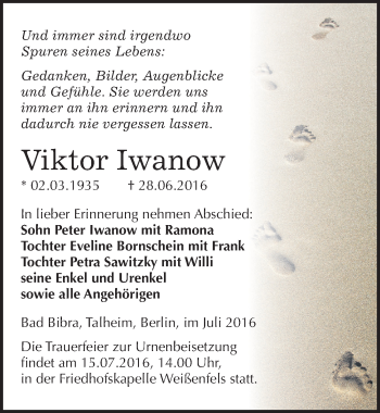 Traueranzeige von Viktor Iwanow von Mitteldeutsche Zeitung Naumburg/Nebra