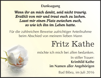 Traueranzeige von Fritz Kathe von WVG - Wochenspiegel NMB / WSF / ZTZ