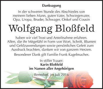Traueranzeige von Wolfgang Bloßfeld von Mitteldeutsche Zeitung Mansfelder Land