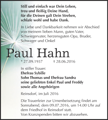 Traueranzeige von Paul Hahn von WVG - Wochenspiegel NMB / WSF / ZTZ